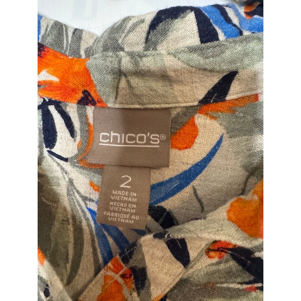 Chico's Fiesta Palms Linen Blend Popover Top Orange Blue Green Tropical 2 (L 12) - Picture 3 of 8
